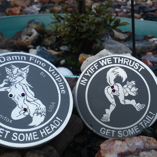 Foxie 3 inch Challenge coin,"in yiff we thrust" "Get some Head/Tail