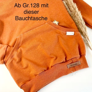 May include: A rust-colored hoodie with a kangaroo pocket and a small brown bear applique. The hoodie has a ribbed hem and cuffs. The text "Ab Gr. 128 mit dieser Bauchtasche" is printed on the front of the hoodie. The text "It's Lessic" is printed on a brown label sewn to the bottom of the hoodie.
