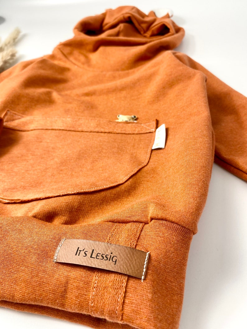 May include: A rust-colored hooded sweatshirt with a kangaroo pocket and a brown leather patch that says "It's Lessig".