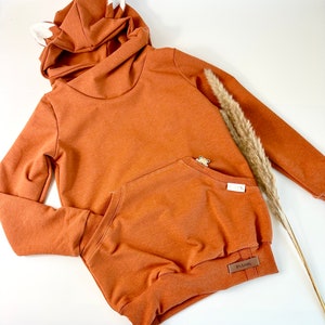 May include: A rust-colored hooded sweatshirt with a kangaroo pocket and fox ears on the hood. The sweatshirt has a brown tag that says "It's Lovely".