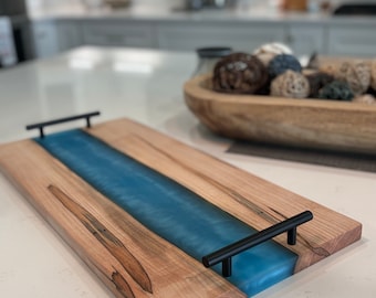 12"x24" Walnut epoxy resin live edge cheese tray, charcuterie board, serving board, metal handles, personalized, wedding gift, Ottoman tray