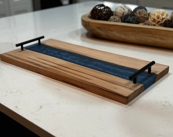 12"x24" Walnut epoxy resin live edge cheese tray, charcuterie board, serving board, metal handles, personalized, wedding gift, Ottoman tray
