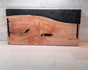 12"x24" Walnut epoxy resin live edge cheese tray, charcuterie board, serving board, metal handles, personalized, wedding gift, Ottoman tray
