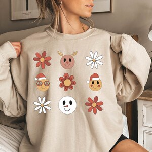 Christmas Flower Sweatshirt, Christmas Smiley Faces Sweatshirt, Retro Smiley Hoodie, Retro Christmas Floral Sweatshirt, Floral Smiley Hoodie