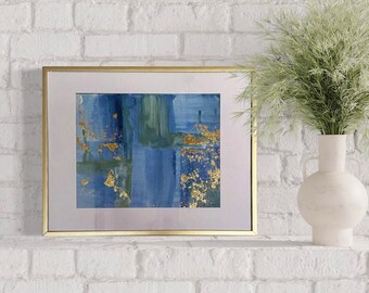 Original Artwork, gold leaf art, contemporary art, 11x14 framed art, blue and green decor, gold accents, modern coastal, hamptons home decor
