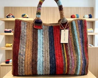 Kolorowa, szydełkowa torba w paski, torba weekendowa w stylu boho, letnia, z włóczki bawełnianej