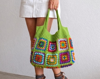 Crochet Granny Square Tote Bag, Boho cotton Handbag,