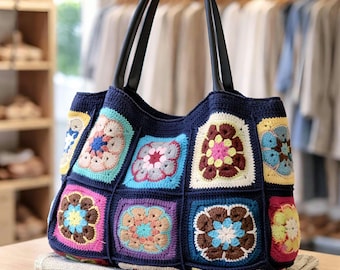 Navy Blue Crochet Granny Square Tote Bag, Cotton Summer Fashion Grocery Bag