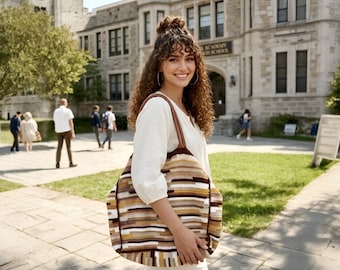 Hand-Knitted Cotton Tote Bag, Autumn Inspired Stripes, Lined Interior Pocket