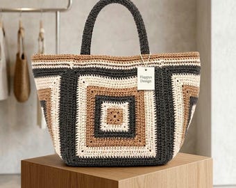 Sac à bandoulière carré grand-mère au crochet fait main, fourre-tout bohème en fil de coton