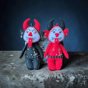 Felt Devil Dolls: Punk Rock Demon Art Toys Daggers, Studs, Skulls – Edgy Goth Decor