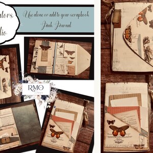 May include: A handmade journal with a butterfly design and a flap that opens to reveal a pocket. The journal is made of paper and has a rustic brown and white colour scheme. The text "Curators Folio" and "Use alone or add to your scrapbook Junk Journal" is visible on the image.