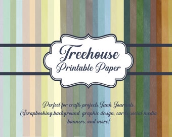 May include: A digital download of printable papers in various shades of green, blue, and brown. The papers are labeled "Treehouse Printable Paper" and are perfect for crafts, junk journals, scrapbooking, graphic design, cards, social media banners, and more.
