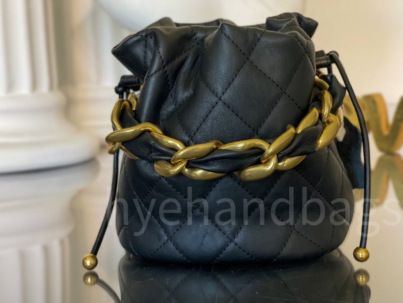 MINI QUILTED CHAIN | Luxury Cowhide Leather Bucket Bag | Rhombic Thick Gold Chain Handbag | Shoulder Crossbody Bag | Messenger  Black Bag 