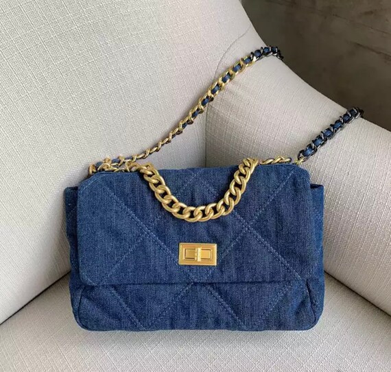 DENIM QUILTED GOLD Chain Square Handbag 