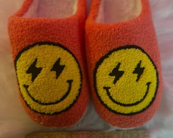 Smiley Face Cozy Slippers, Polyester Rubber Sole