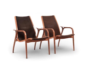 Pair Mid-Century Swedish Brown Lamino Lounge Chairs by Yngve Ekström for Swedese