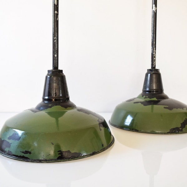 vintage industrial green enamel barn pendant light lamp on steel pipe, ONLY ONE AVAILABLE