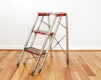 Vintage Industrial Red Metal Folding Step Ladder Shelf