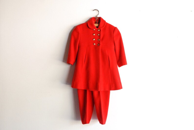 Vintage Handmade Girl's Red Wool Winter Coat and Pants Set image 2