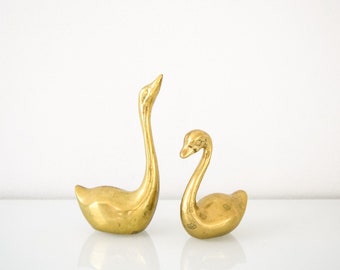 vintage mid century brass swan figurines, lovely little pair of solid brass swan statues or paperweights