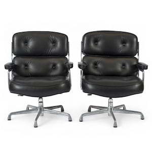 Pair Eames Herman Miller Time Life Black Leather Office Chairs
