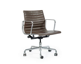 Eames Herman Miller Brown Leather Aluminum Group Thin Pad Desk Chair, 2008