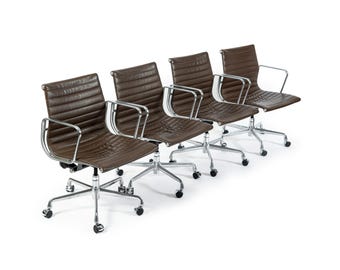 Set of 4 Eames Thin Pad Office Chairs, Brown Leather, Mid Century Modern
