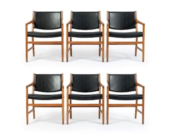 Set of 6 Oak Dining Armchairs, Danish Modern Black Leather, Circa 1965