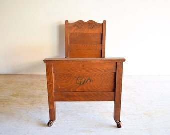 vintage antique wooden doll bed crib, antique tiger oak rustic baby doll bed