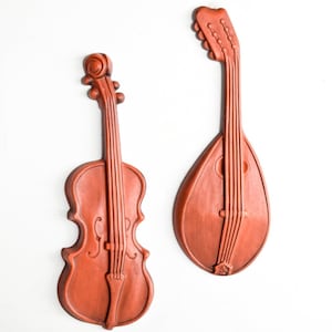 mid century wall hangings, wall plaques, pair of mid century ceramic musical instrument wall hangings, mid century, retro, vintage