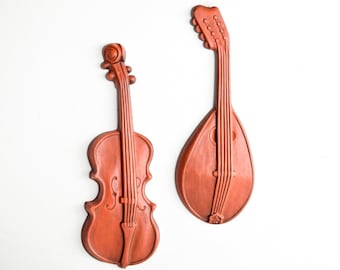 mid century wall hangings, wall plaques, pair of mid century ceramic musical instrument wall hangings, mid century, retro, vintage