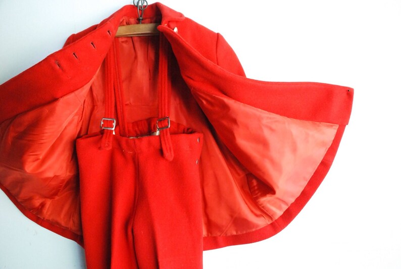 Vintage Handmade Girl's Red Wool Winter Coat and Pants Set image 4