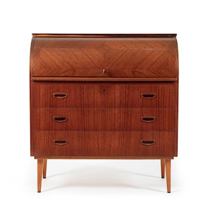 Scandinavian Teak Wood Rolltop Secretary Desk by Egon Ostergaard, Made in Sweden