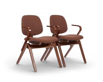 Pair Mid Century Brown Plywood Arm Chairs by Joe Atkinson for Thonet
