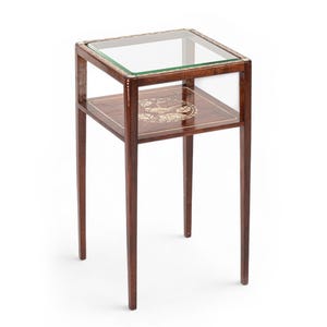 Antique French Art Nouveau Small Handpainted Mahogany Wood & Glass Side Table