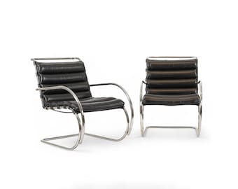 Mid Century MR Black Leather Arm Chairs by Mies van der Rohe for Knoll