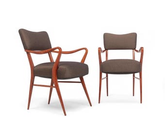 Pair of Mid Century Modern Wood & Brown Upholstered Arm Chairs, 1950s