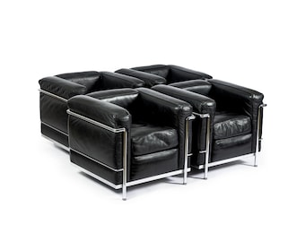 Set of Four Cassina LC2 Black Leather Petit Lounge Chairs by Le Corbusier