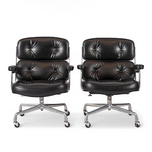 Pair Eames Herman Miller Time Life Black Leather Office Chairs 1980s