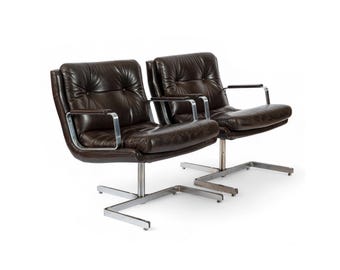 Mid Century French Brown Leather Lounge Chairs by Raphael Raffel 1970s