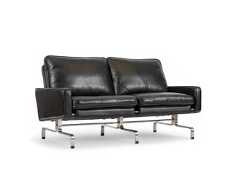 Vintage Postmodern Black Leather & Brushed Steel Loveseat Sofa, 1980s