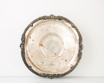 Large Antique Victorian Round Silver Plate on Copper Pedestal Tray or Plate