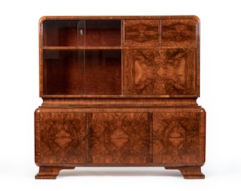 Antique Art Deco Burl Wood China Cabinet or Bar Cabinet with Drop-down Tabletop 1930s