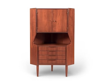 Mid Century Danish Teak Wood Corner Bar Cabinet 1960s