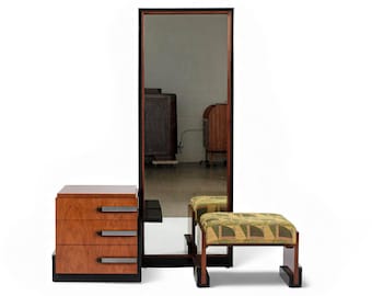 Antique Art Deco Wood Vanity Mirror & Stool by Donald Deskey for Widdicomb 1930s