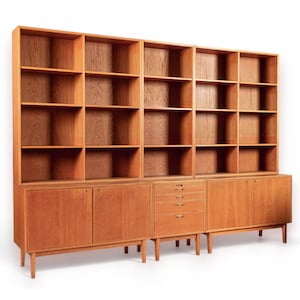 Large Mid Century Danish Teak Wood Bookshelf Wall Unit System