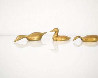 Vintage Mid Century Brass Duck Figurines or Paperweights, Set of 3