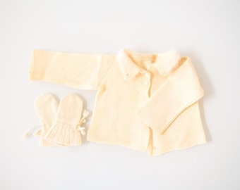 vintage handmade knit cream newborn baby sweater and mittens set