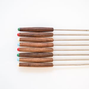 vintage mid century wooden fondue fork set, retro stainless steel and teak wood fondue fork skewers, 1970s, set of 8